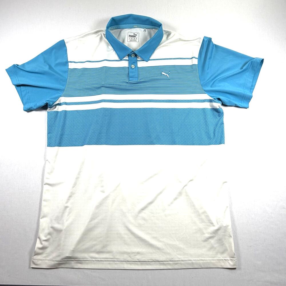 Puma Golf Cool Pattern Striped Men's Polo Short Sleeve Shirt White Blue Size L